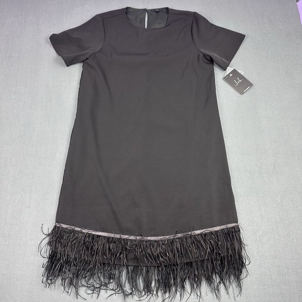 Joh Apparel Black Feather Hem Dress XS NWT Stretch Cocktail Party Sheath